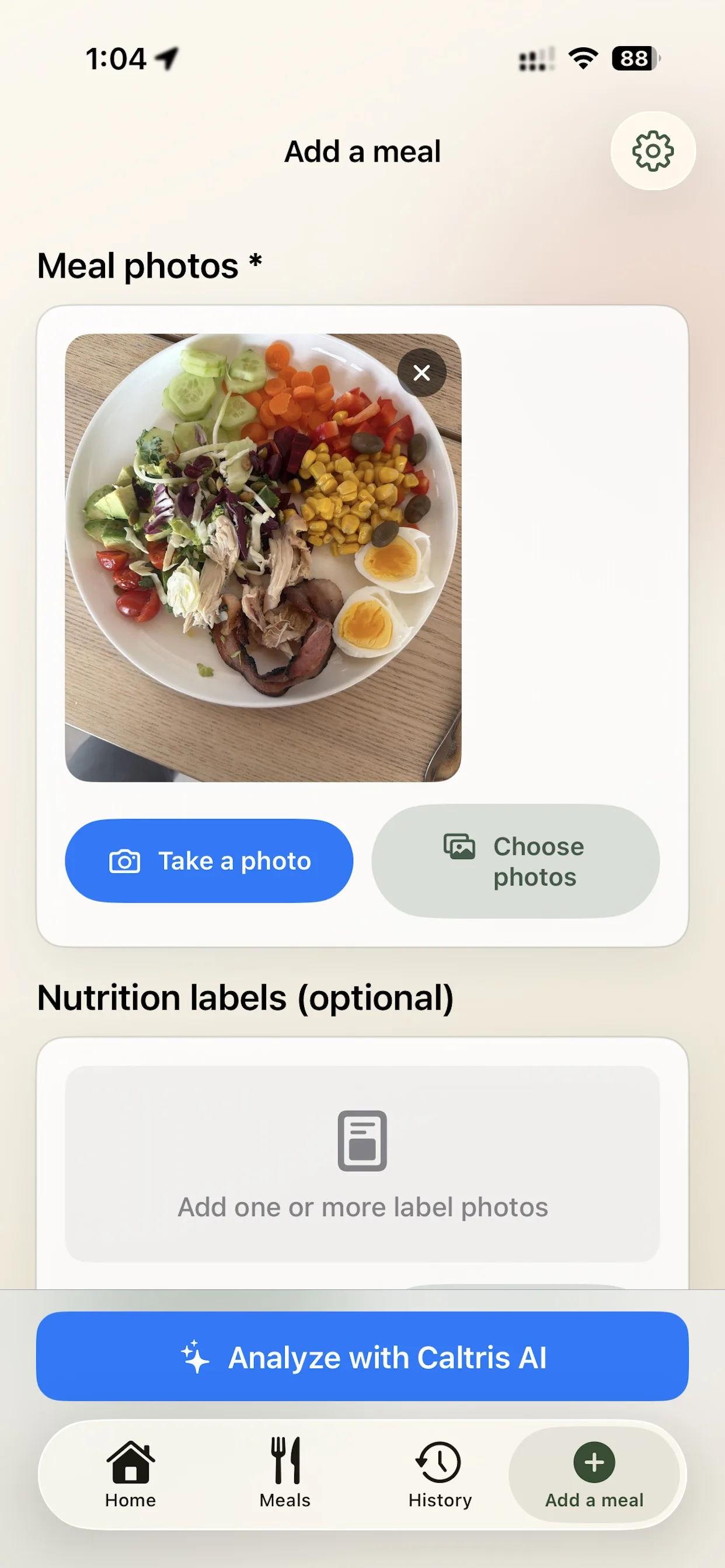 iPhone screenshot of the add meal flow in Caltris