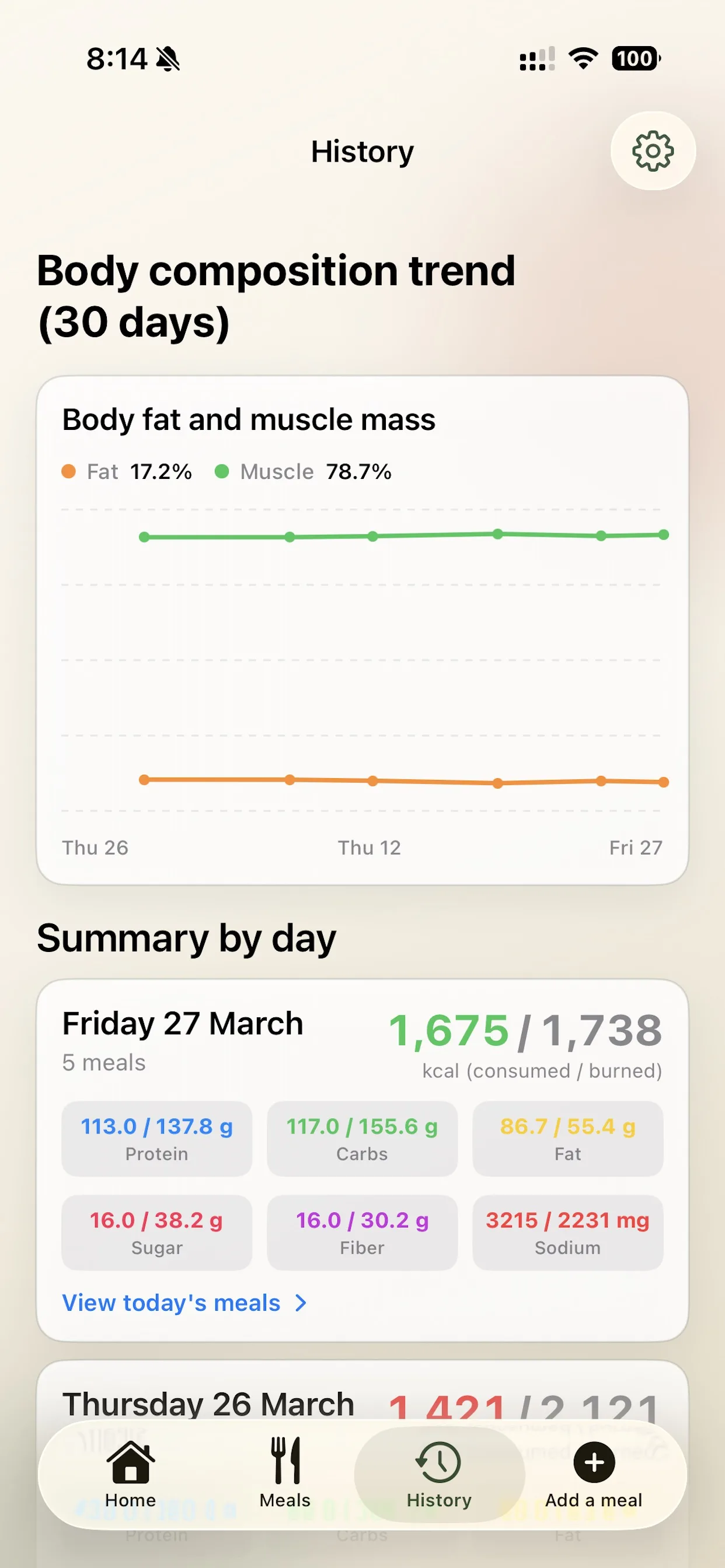 iPhone screenshot of calorie history and body composition in Caltris
