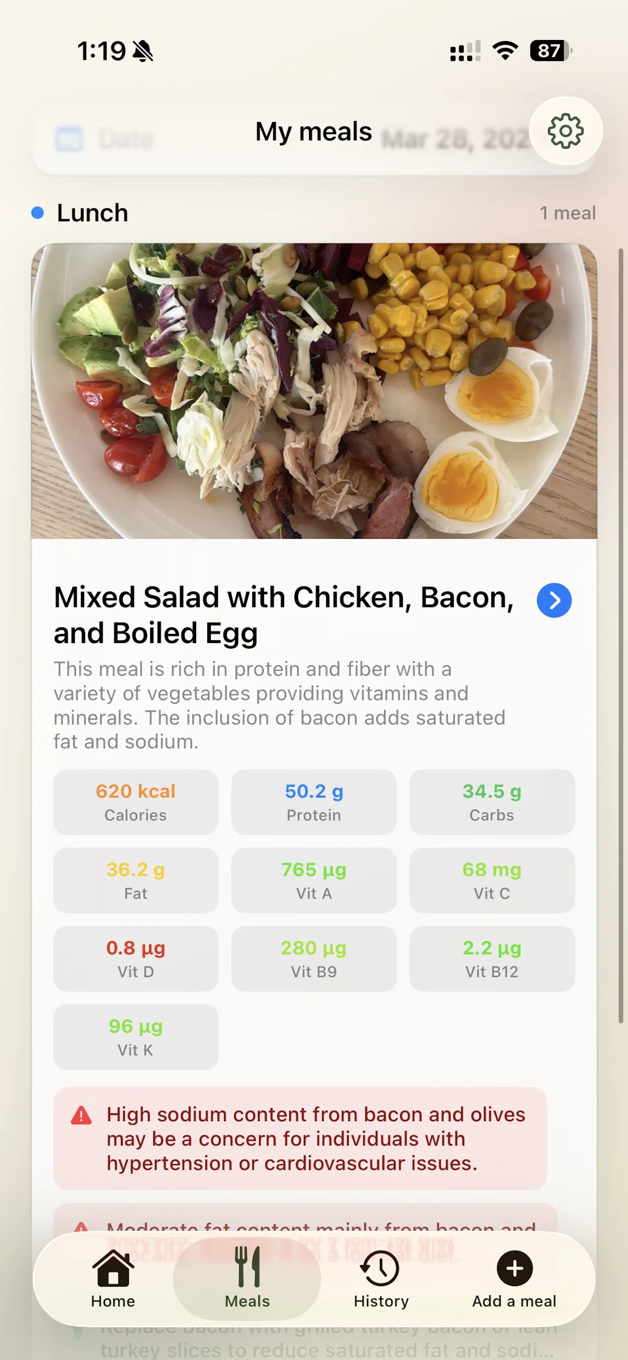 iPhone screenshot of detailed meals in Caltris