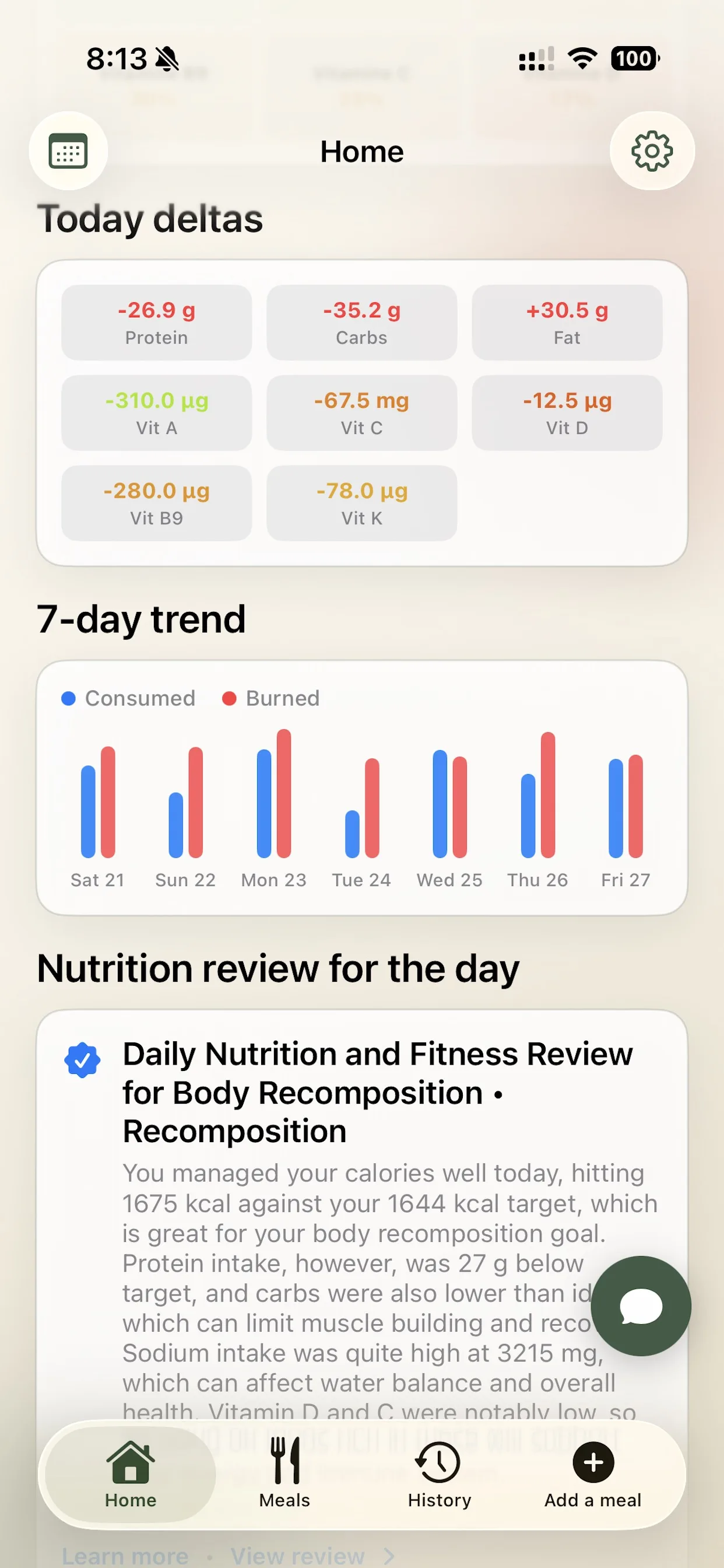 iPhone screenshot of the Caltris daily nutrition review