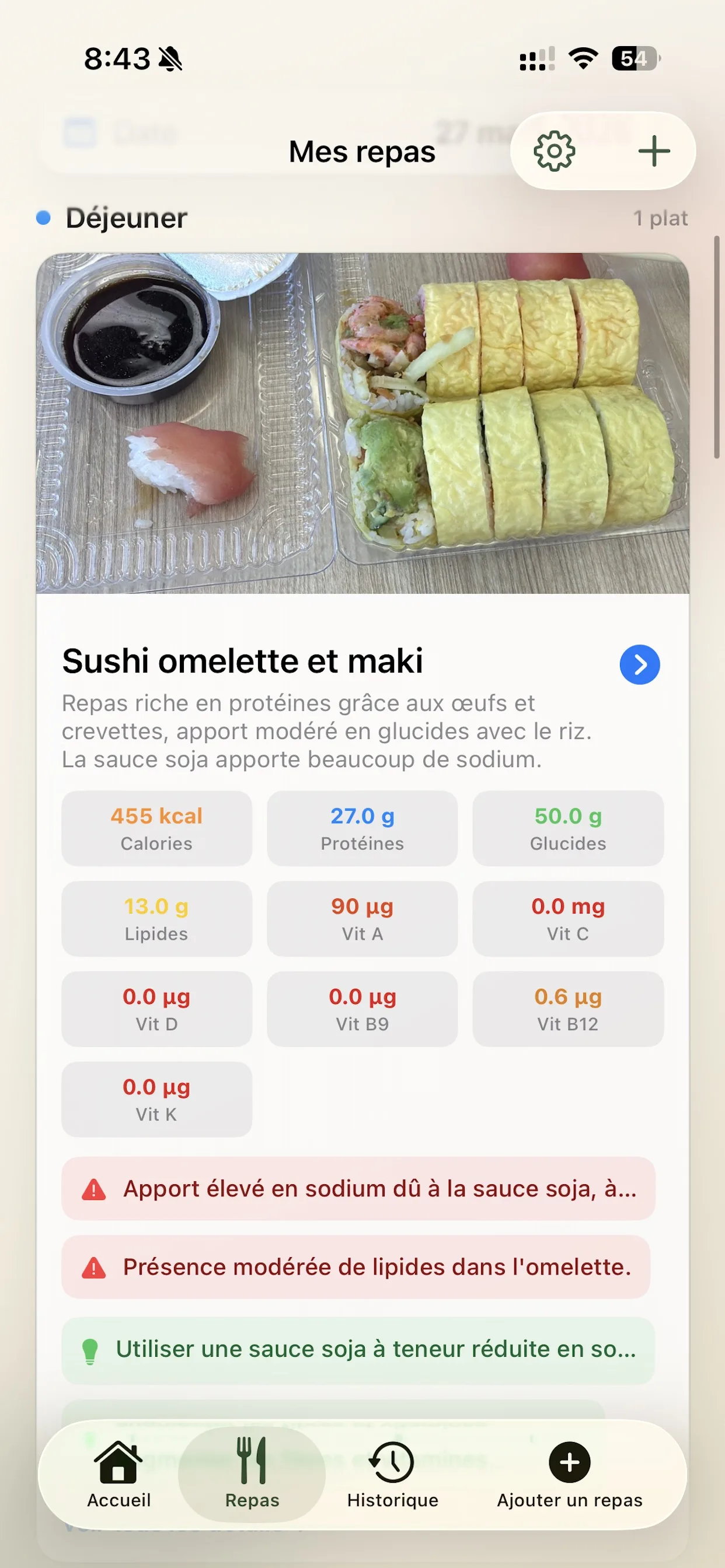 Capture iPhone des repas détaillés dans Caltris