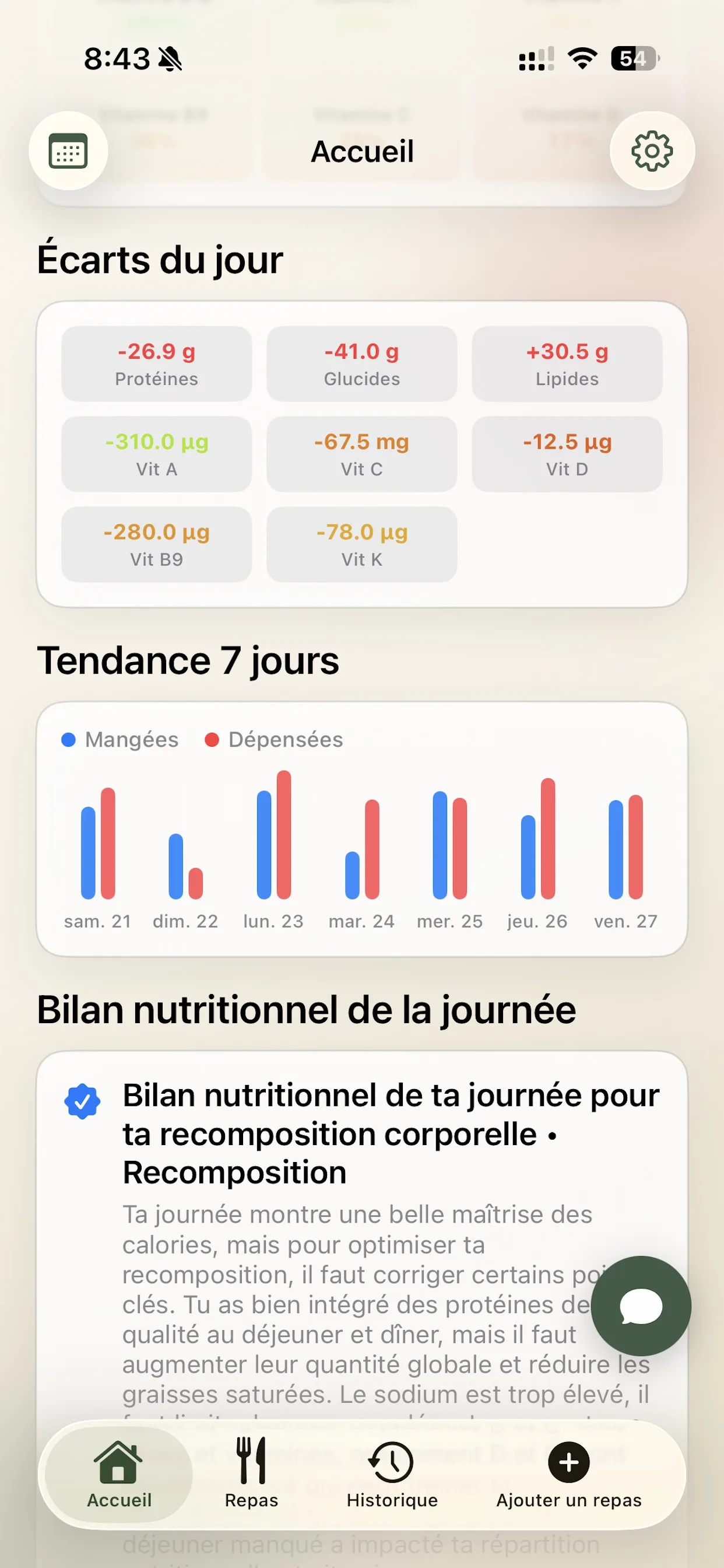 Capture iPhone du bilan nutritionnel Caltris