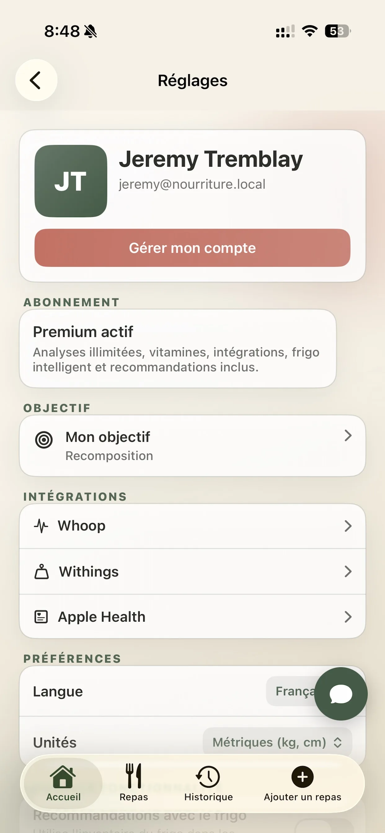 Capture iPhone des réglages et intégrations Caltris